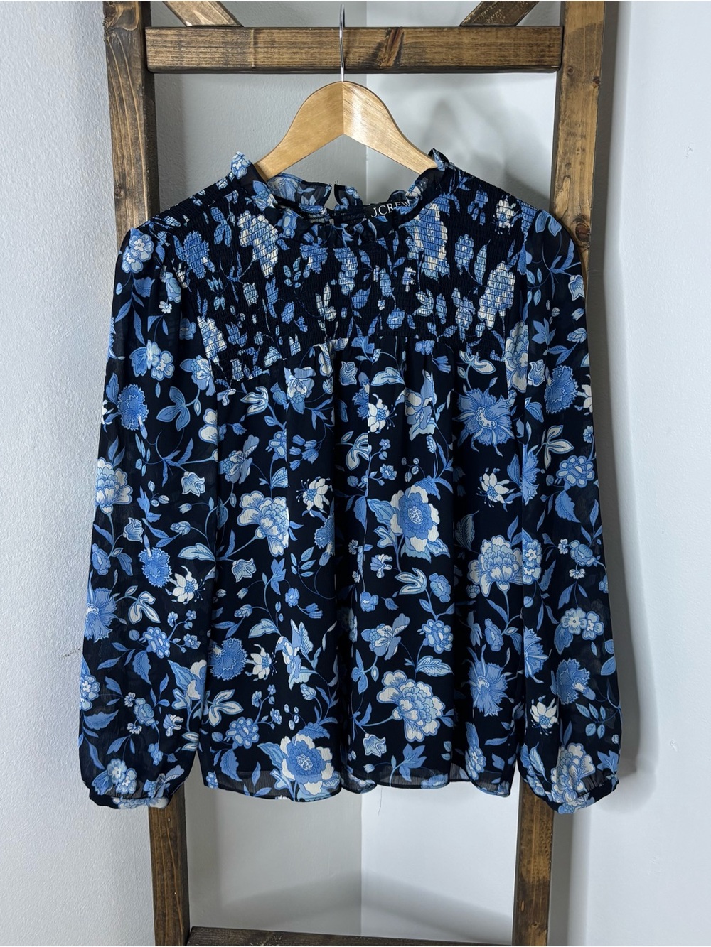 J. Crew Navy and Light Blue Floral Smocked Yoke Blouse Size M